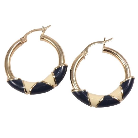 Solid 10K Yellow Gold Navy Blue Cream Enamel Hoop Earrings